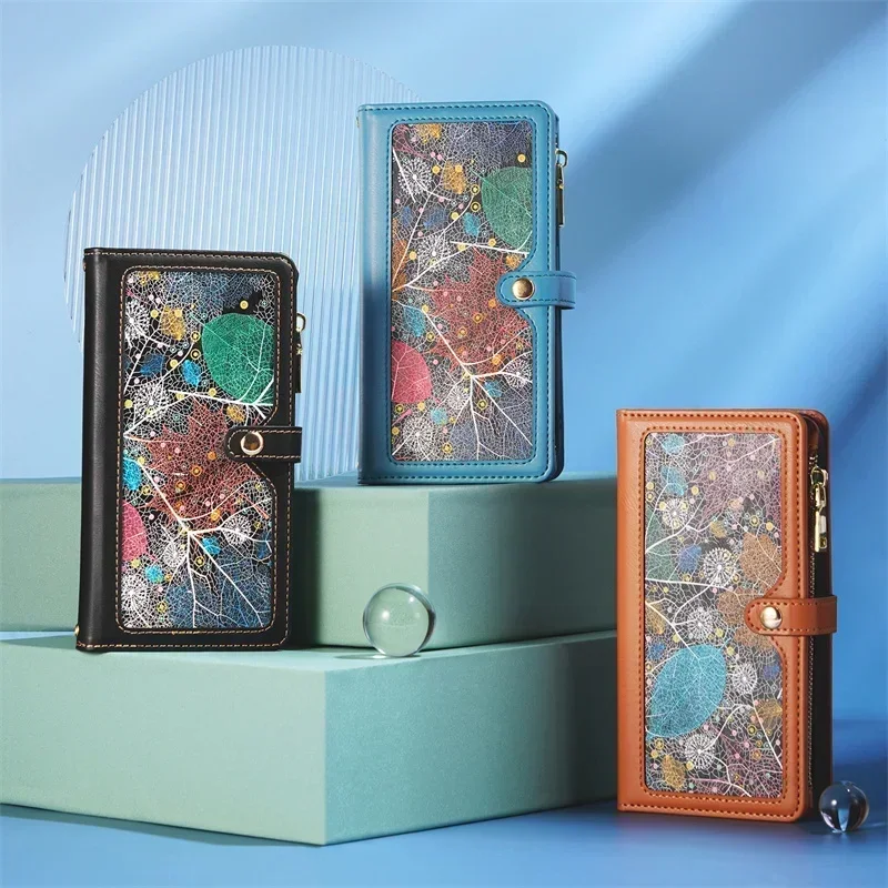 Luxurious Crossbody Zipper Leather Flip Case with RFID Protection Wallet Cover