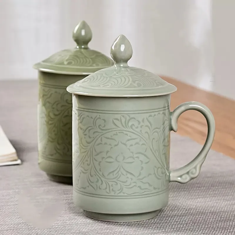 

Coffee Mug Cup with Lid 14oz Teacup Lotus Decor Ceramic Drinkware Porcelain Tableware Microwave and Dishwasher Safe