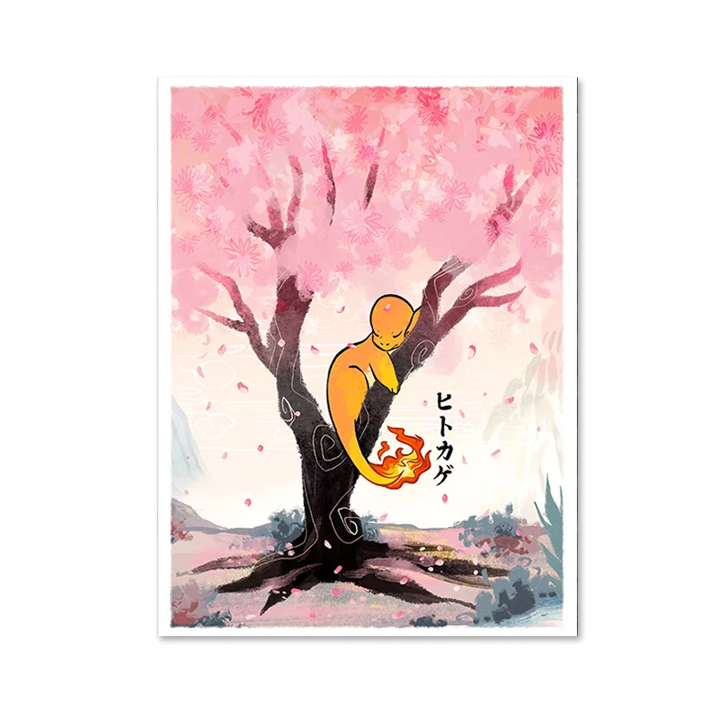 thumbnail image 1 of Pink Sakura Poster Pikachu Bulbasaur Squirtle Charmander Canvas Painting Anime Figure Wall Art Prints Living Room Decor, 1 of 5