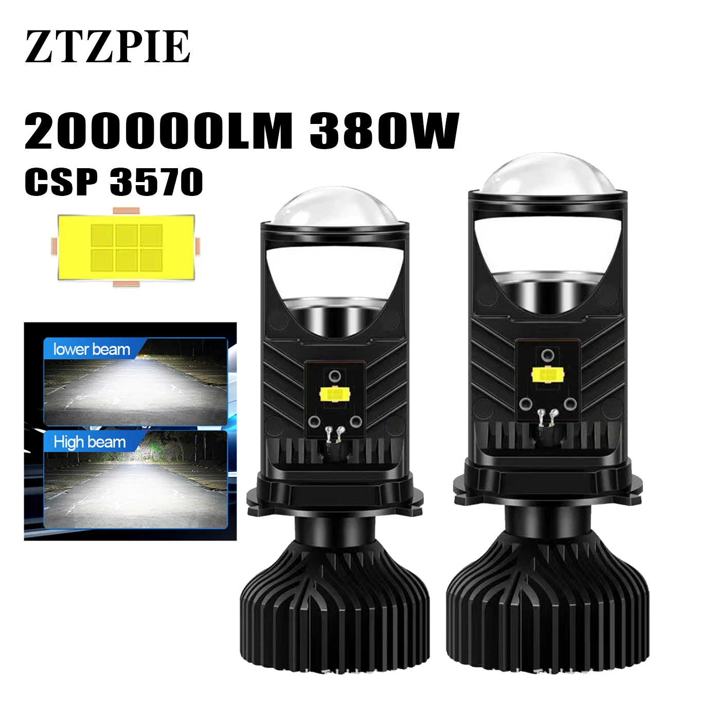 ZTZPIE 울트라 브라이트 및 고출력 자동차 LED H4 렌즈 통합 하이 및 로우 빔 헤드라이트, 380W 200000lm 6000k