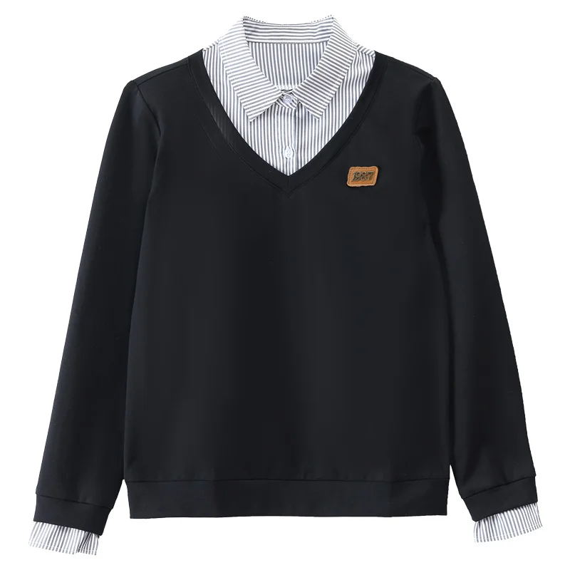 Women'S Spring And Autumn Loose Spliced Shirt Collar Fake Two Piece Hoodies Female New Fashion Slimming Casual Versatile Top