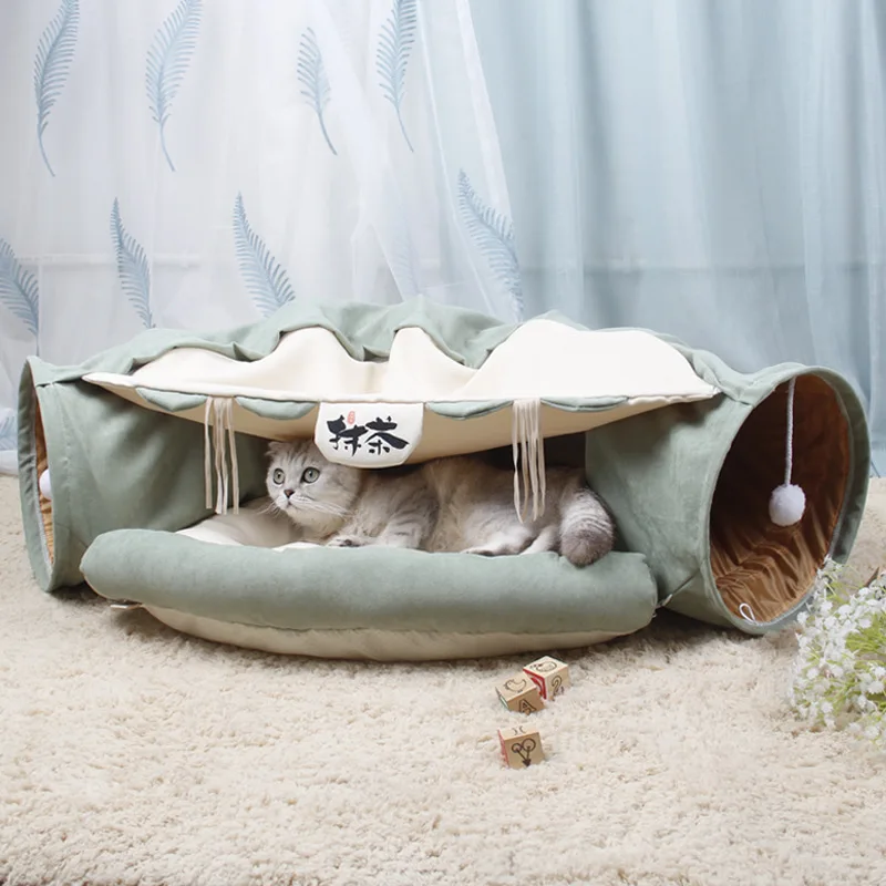 

2 in 1 Large Cat Tunnel With Cushion Funny Pet Toy 2 Holes Collapsible Kitten Toys Tunnel Tubes Cat Indoor Sports Play Balls