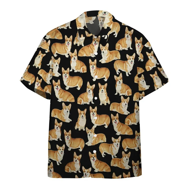 Cartoon Corgi Dog Graphic Hawaiian Shirt For Men Summer 3d Printed Animal Pets Short Sleeves Street Tops Lapel Button Blouse 4