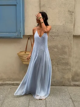 Sexy Women's Solid Color Pleated Long Dress Elegant Sleeveless Suspender Backless Slim Fit Dresses Beach Party Women's Robe 1