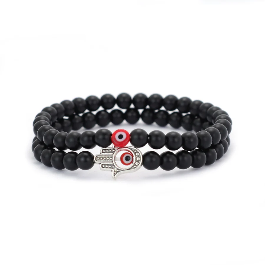 Men Beaded Bracelet Set with Evil Eyes and Fatima Hand