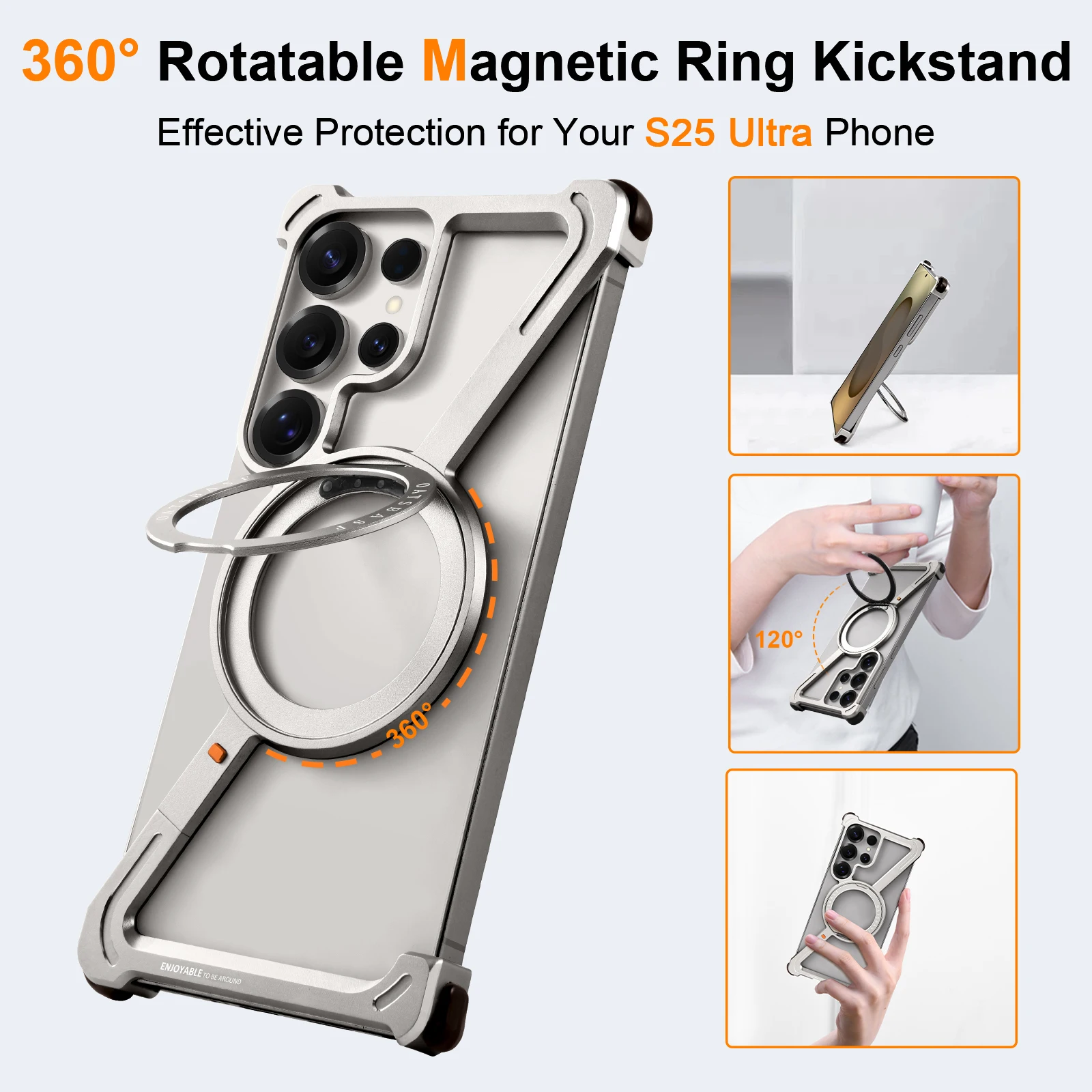 Eary Magnetic Frameless Phone Case For Samsung Galaxy S25 S24 Ultra With 360°Rotatable Stand Metal Protective Shockproof Bumper