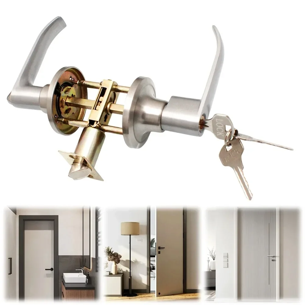 Door Lever Lock with 3 Keys Locking Door Handle Stainless Steel Interior Lever Lock Knob Replacement for Home Office