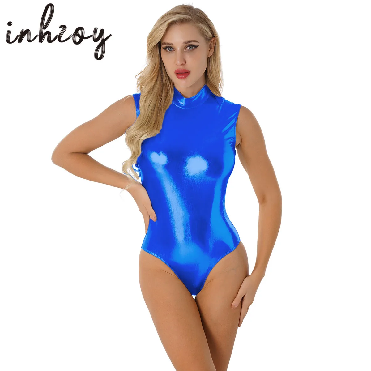 

Womens Metallic Shiny Patent Leather Bodysuit Mock Neck Zipper Back Leotard Catsuit Rave Party Nightclub Pole Dance Clubwear