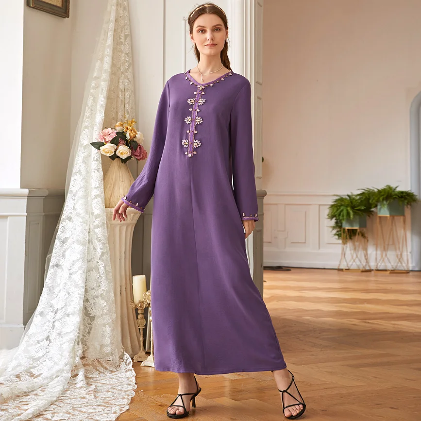 

Purple Abaya Dubai Turkey Muslim Fashion Hijab Dress European Islam Clothing Maxi Dresses For Women Vestidos De Moda Musulman
