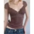Brown Lace Crop Tops Vintage Aesthetic Women V Neck Short Sleeve T Shirt y2k Fairy Grunge Clothes 2000s Streetwear