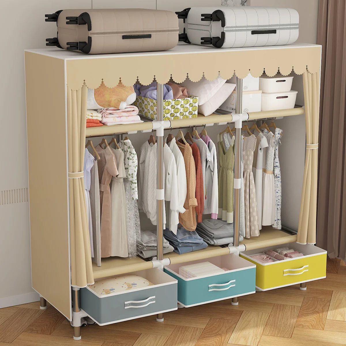 Cloth Wardrobe Clothes Storage Wardrobe with Dustproof Cover Large Storage Closet with Steel Frame Durable Rack 1Pc fabric wardrobe