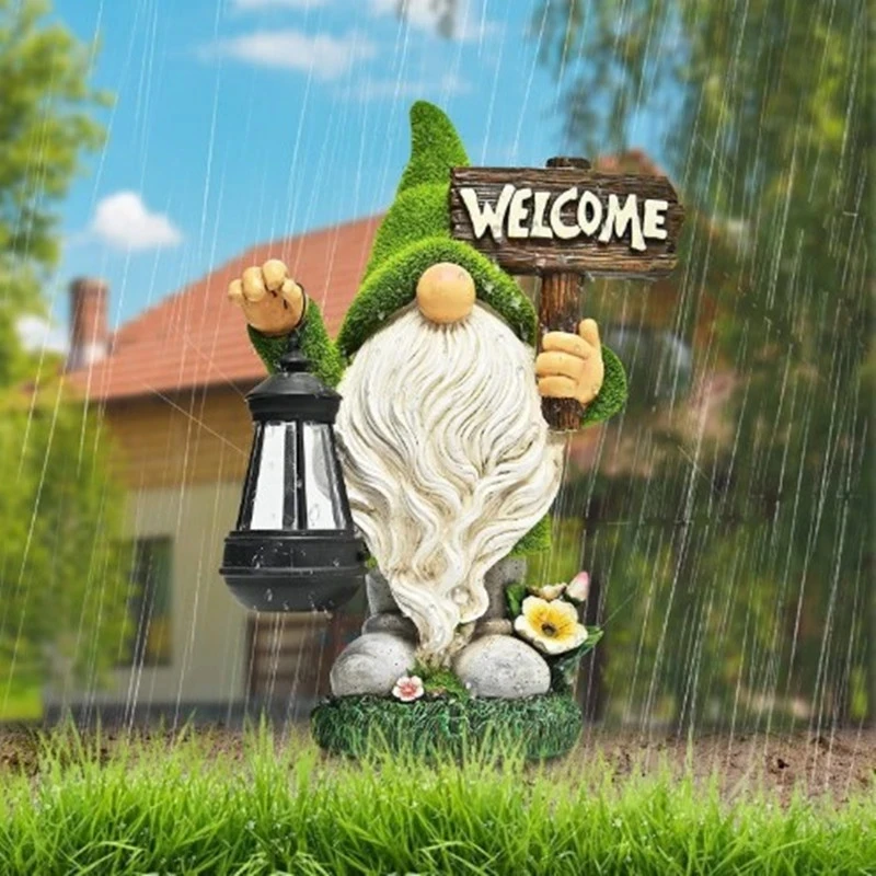 

Art Craft for Home Garden Flocked Garden Gnome Decorations with Solar Lights Resin Cartoon Gnome with Lantern Ornament Lamps