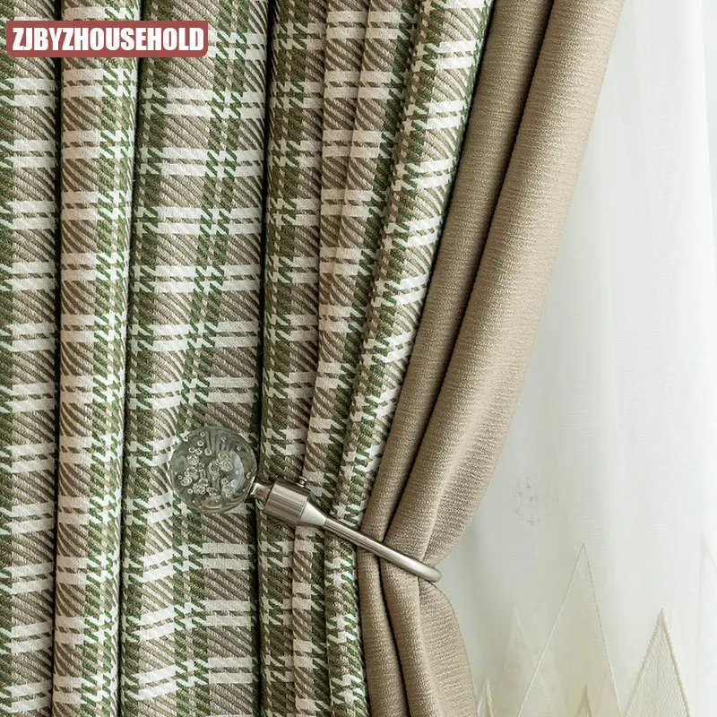 

Cotton linen curtains for living room bedroom checkered color contrast blackout American Nordic Japanese simple modern custom