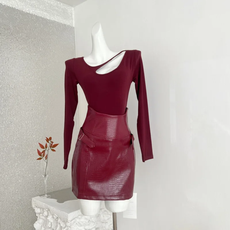 Sexy Spicy Girl Christmas Day Set Women's Autumn Winter Red Inner Hollow Long Sleeve Top Bodycon Mini Skirt Street Style Casu...