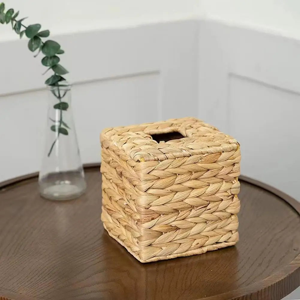 Tissue Box Holder Water Hyacinth Handwoven Straw Basket Natural Wicker Napkin Dispenser Square Facial Tissue Organizer For Table