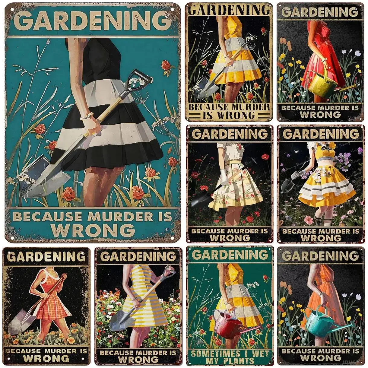 Funny Gardening Tin Sign - "Gardening Because Murder Is Wrong" Vintage Metal Wall Art, 4x16 Inches, For Man Cave, Garage, Home, Bar Decor