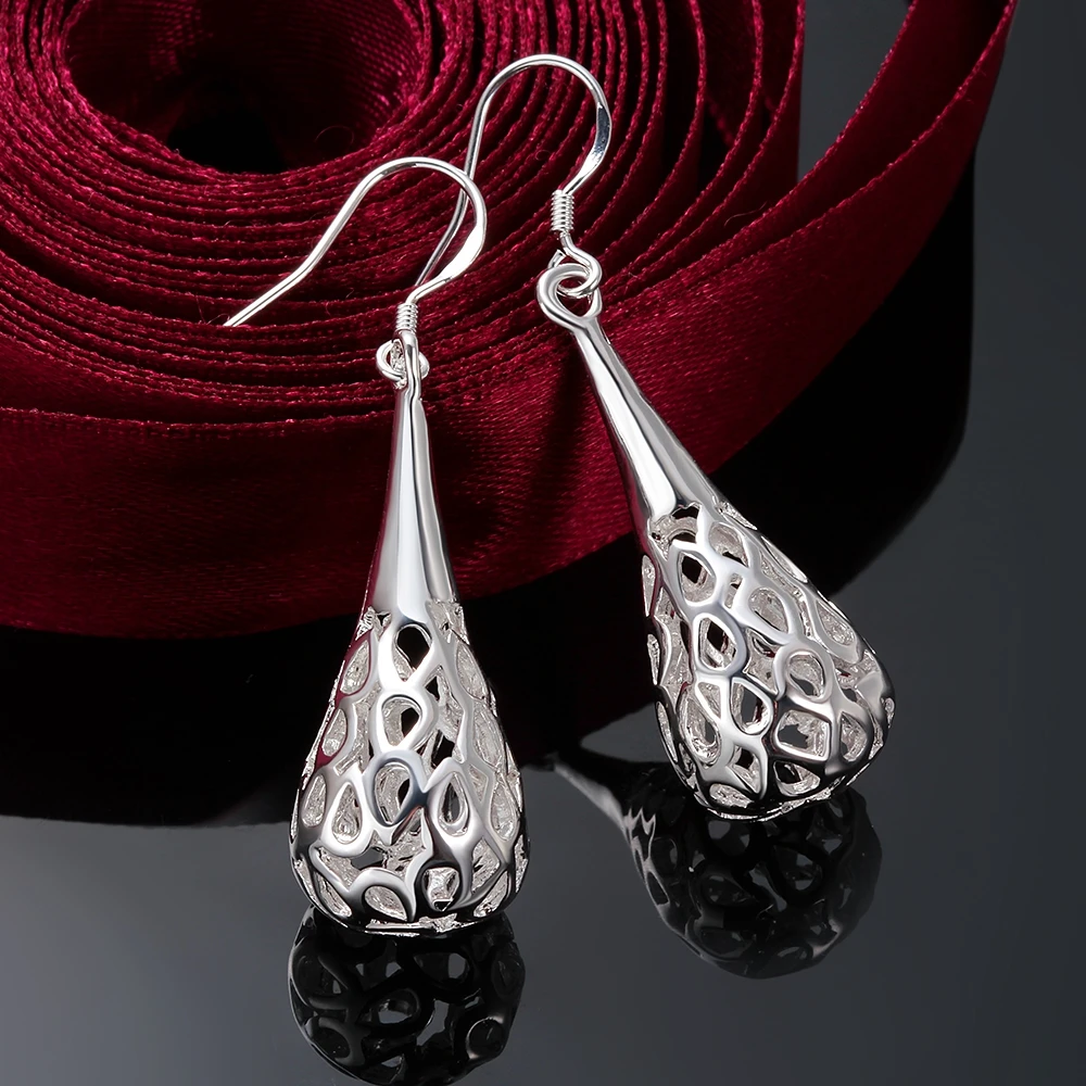925 Sterling Silver Drop Earrings for Women Jewelry Hollow Water Drop Shape Christmas Gifts Dome Teardrop Earrings