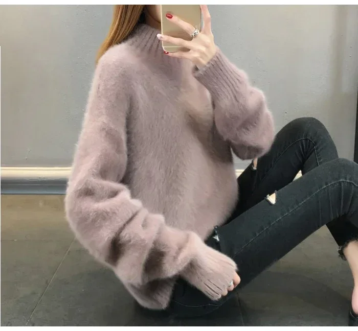 Winter Mink Faux Cashmere Thick Sweater Women Jumper White Pull Femme Loose Pullover Knitted Fluffy Sweaters For Women Winter