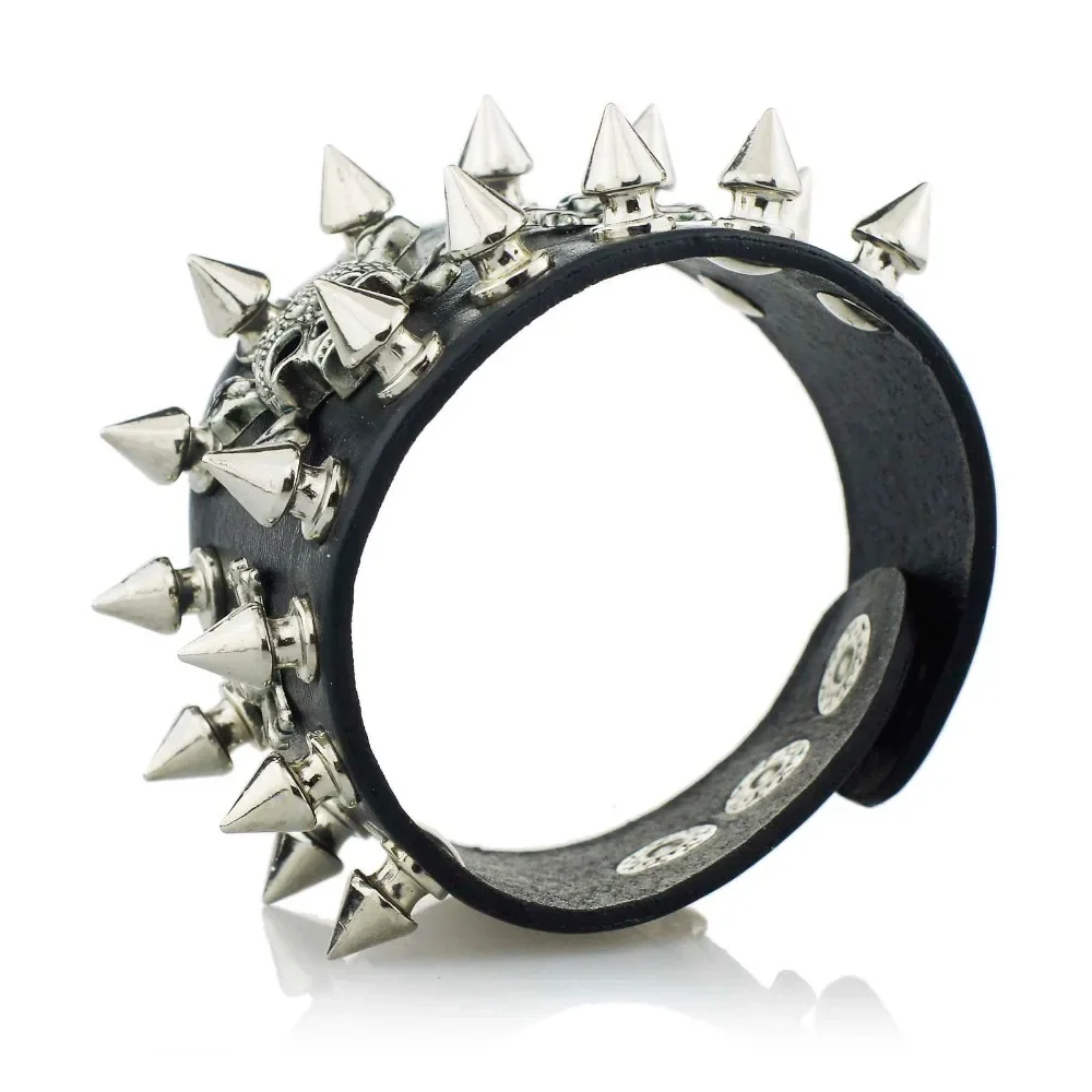 Unique Rock Spikes Rivet Gothic Skeleton Skull Punk Biker Wide Cuff Leather Bracelet S059 bracelet jewelry