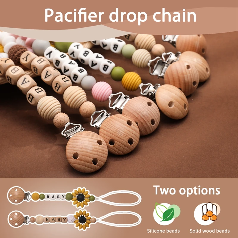 Personalisierte Sunflower Schnuller Kette Holz Clip Halter Umweltfreundliche Neugeborenen Spielzeug – Detail 4