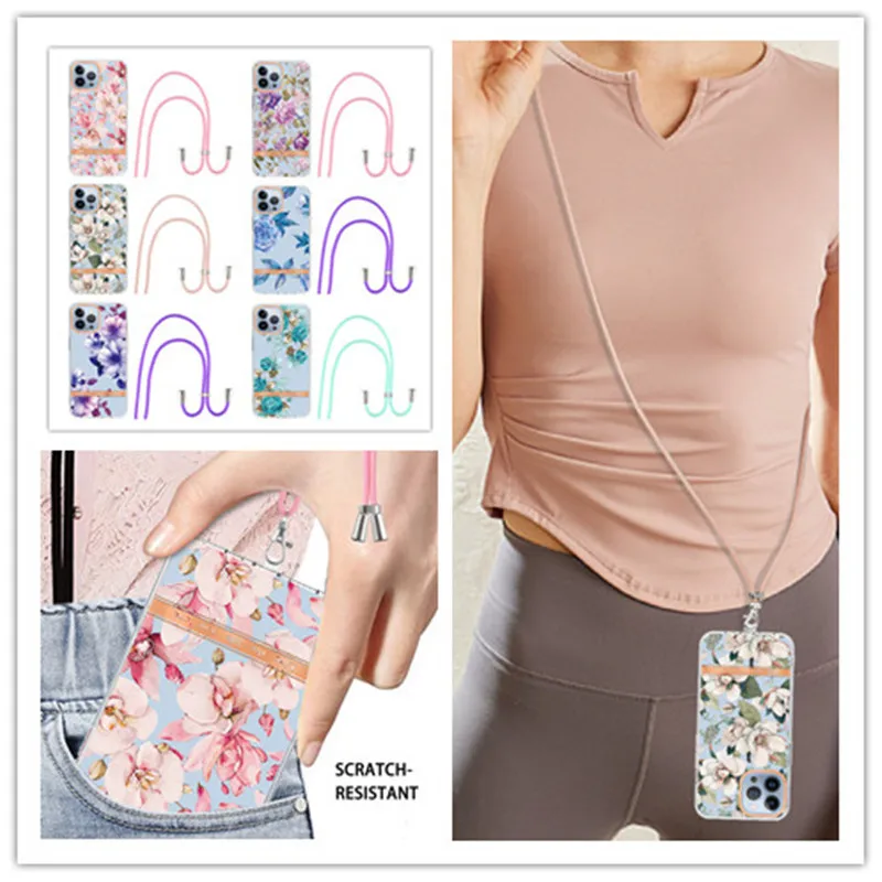 Fashion Long Lanyard Flowers And Plants Anti-fall Protective Cover Phone Cases Soft Shell Coque For iPhone 11 12 13 MiNi Pro Max |