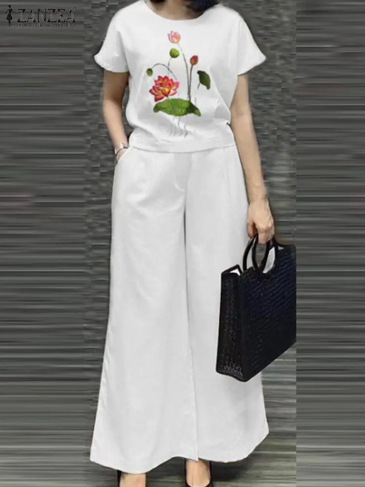 

Костюм спортивный ZANZEA женский с принтом, модный городской костюм из двух предметов, повседневная Праздничная блузка с коротким рукавом и О-образным вырезом, широкие штаны, оверсайз