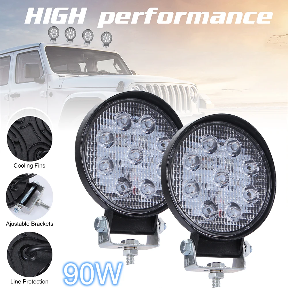 

2pcs Round 90W LED Work Ligh Spotlight Headlight Bulbs LED Light Bar 6000K 9000LM for Car Truct Boat Atv 4x4 Jeep Offroad SUV