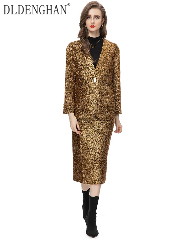 

DLDENGHAN Fashion Designer Autumn Bright silk Tassel Suit Women V-Neck Single Button Jacket +Pencil Skirt Vintage 2 Piece Set