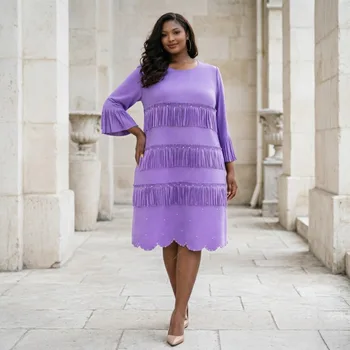 Miyake Beaded Tassel Dresses 2026 New African Plus Size Pleated Women's Dress Elegant Fashion Stretch Fold Knee-Length Dress 1