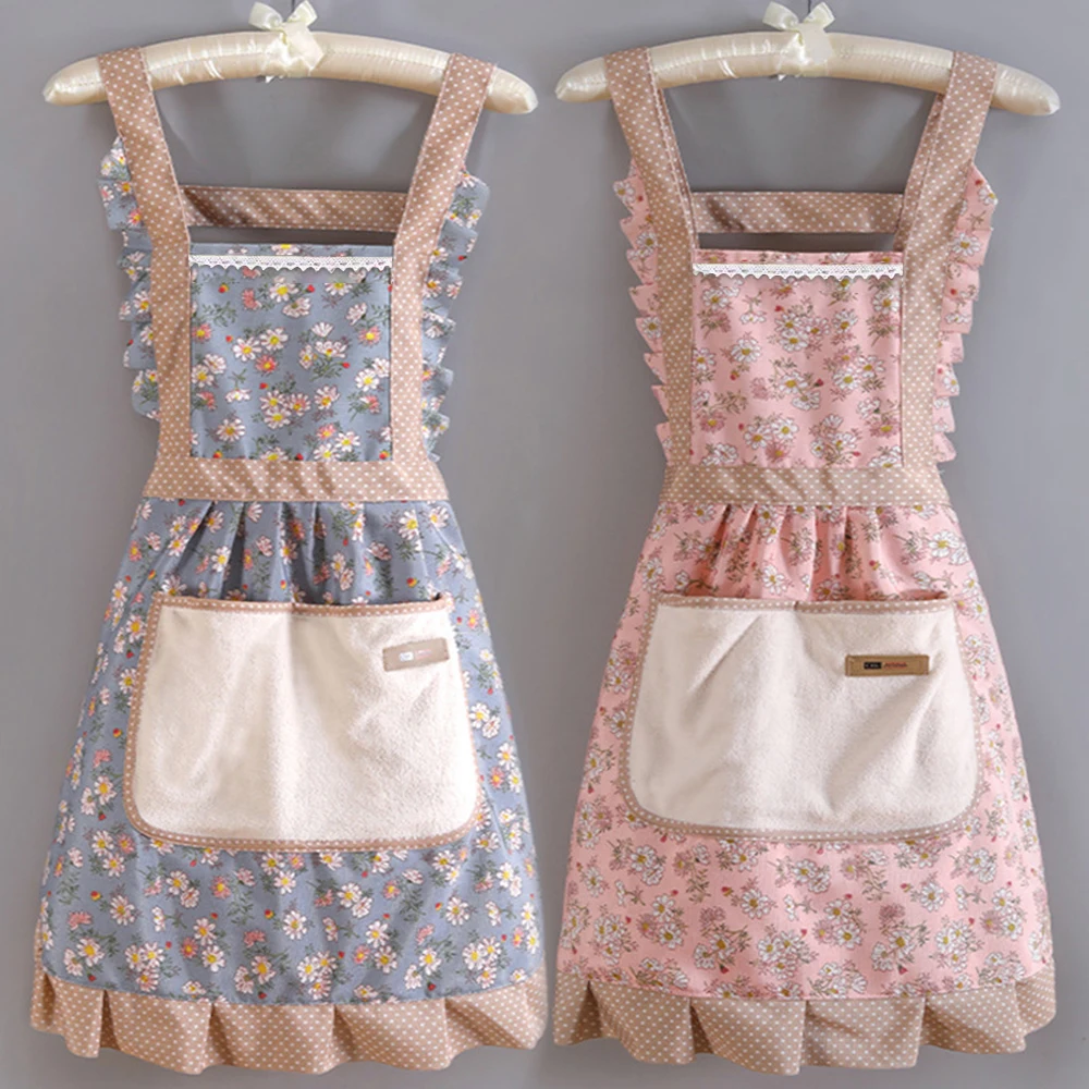1PC Lovely Canvas Apron Female Household Kitchen Cooking Antifouling Breathable Wear Cleaning Suitable 2