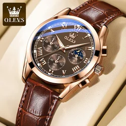 OLEVS Luxury Chronograph Men's Wristwatch - Waterproof Quartz with Moon Phase and Multifunction Features (Coffee Noodles)