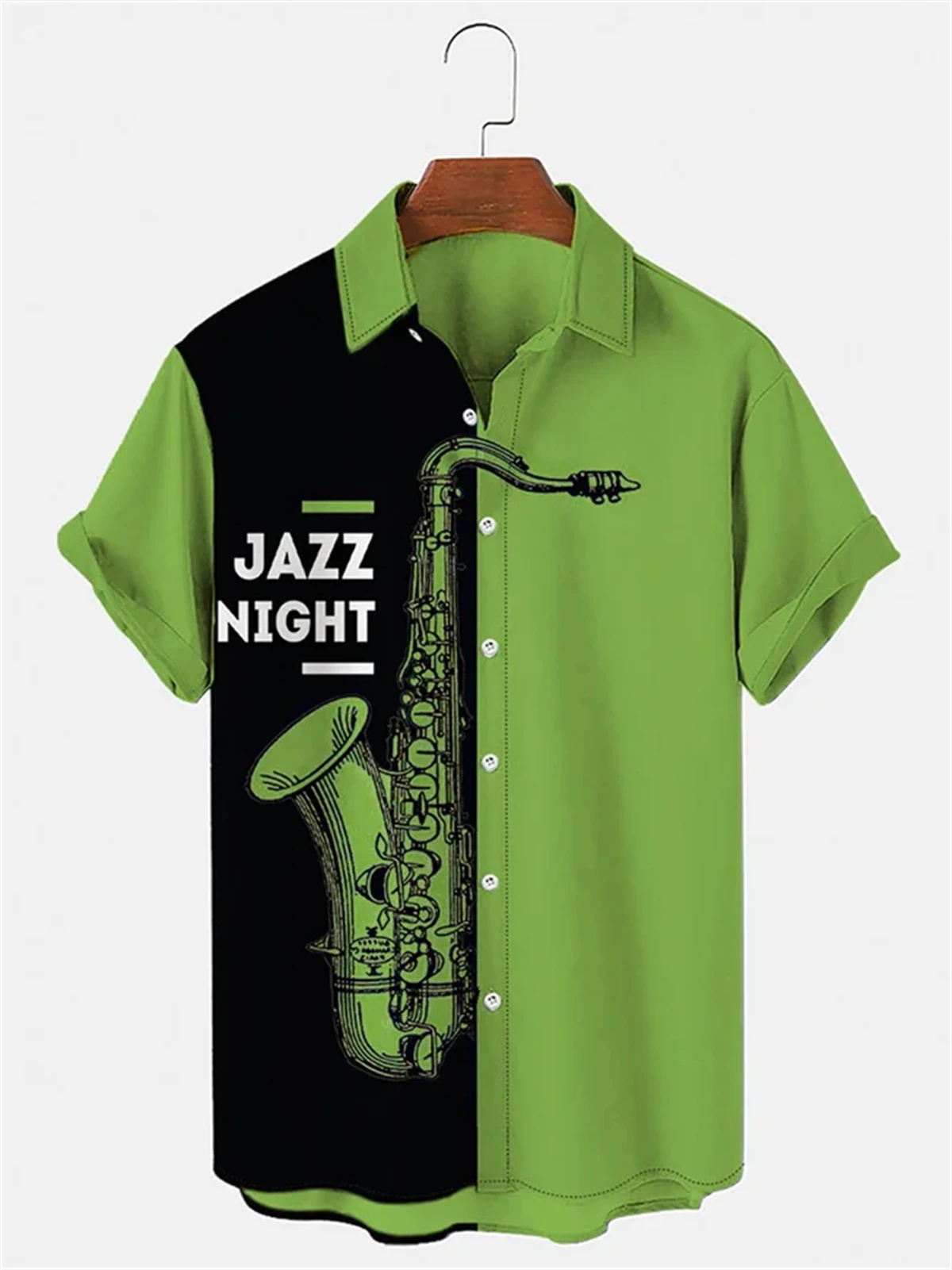 Hawaiian Print Men's Short Sleeve Shirt Saxophone Print Men's Lapel Top 2024 New Large Size Casual Men's Shirt 4