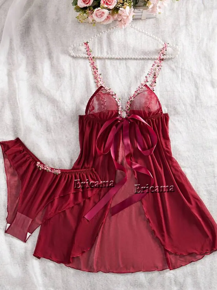 Sous-vêtements pour femmes, ensemble soutien-gorge et culotte Sexy, garniture à volants en dentelle, ensemble de Lingerie, robe à décolleté en V profond, string, Lingerie Sexy pour femmes