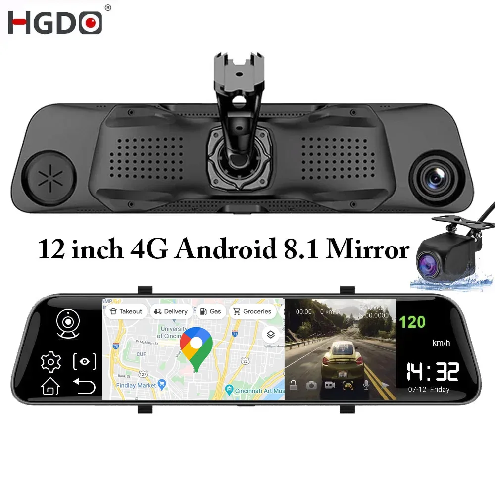 HGDO 12'' 4G ADAS Car DVR Camera Android 8.1 Stream Media Rear View Mirror FHD 1080P WiFi GPS Dash Cam Registrar Video Recorder
