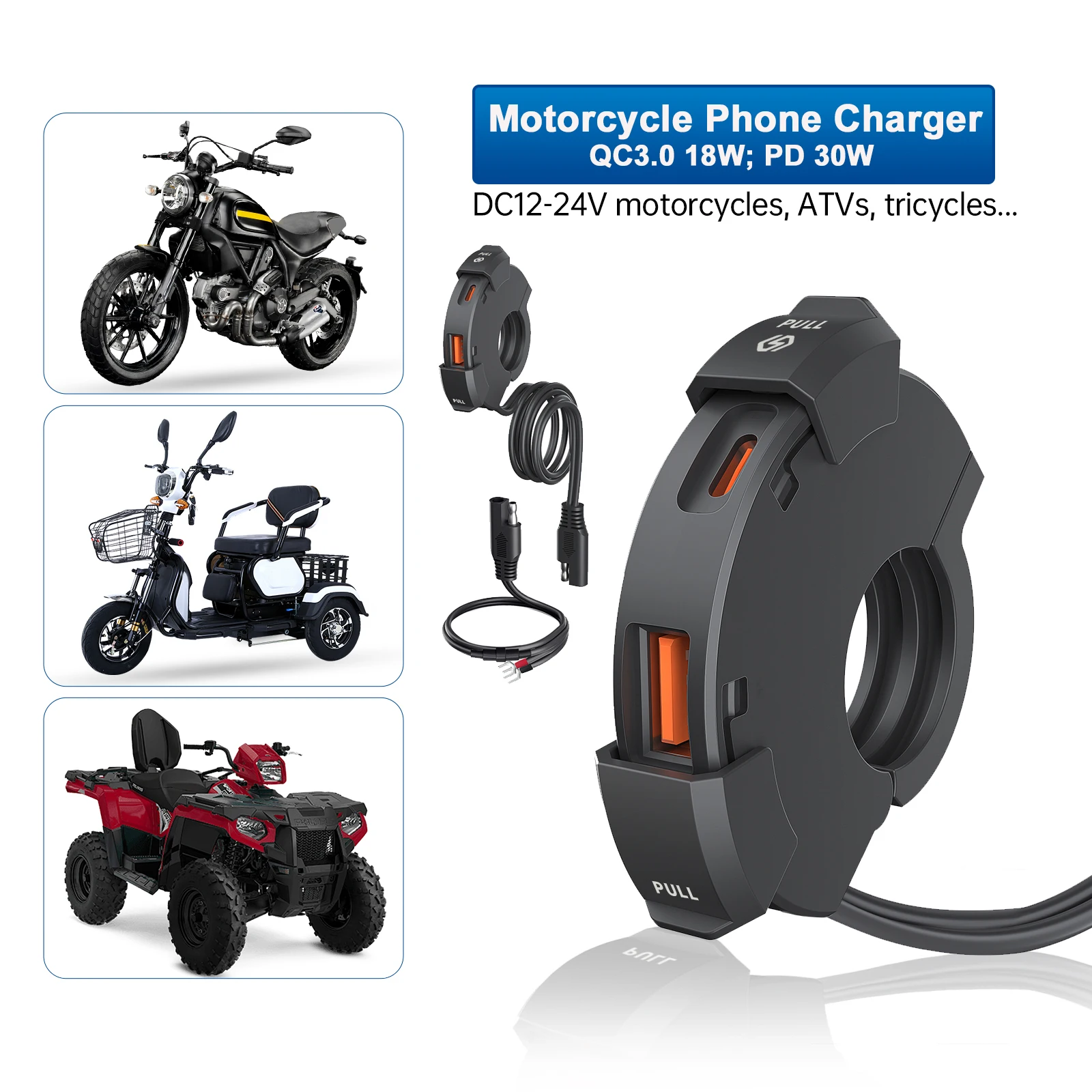 

Waterproof PD QC3.0 Fast Charging Motorcycle Phone Charger USB Charging Equipment Type C 12V 24V Handlebar Mount Moto Charger