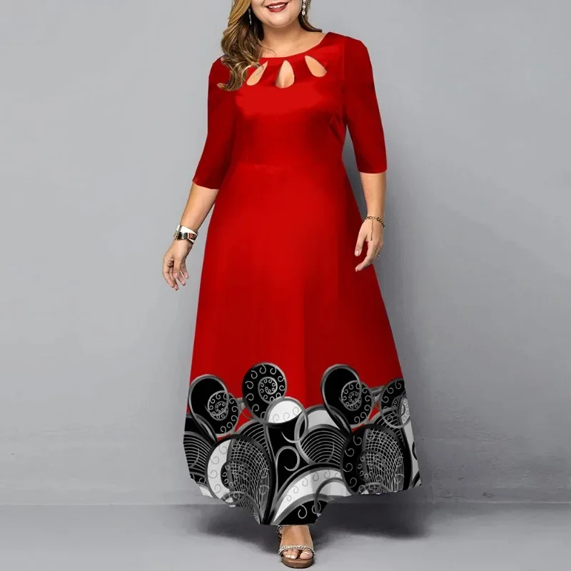 

Plus Size Dress Autumn Elegant Tribal Print Long Party Women Sexy O-Neck Hollow Out Red Christmas Evening Outfits 5XL