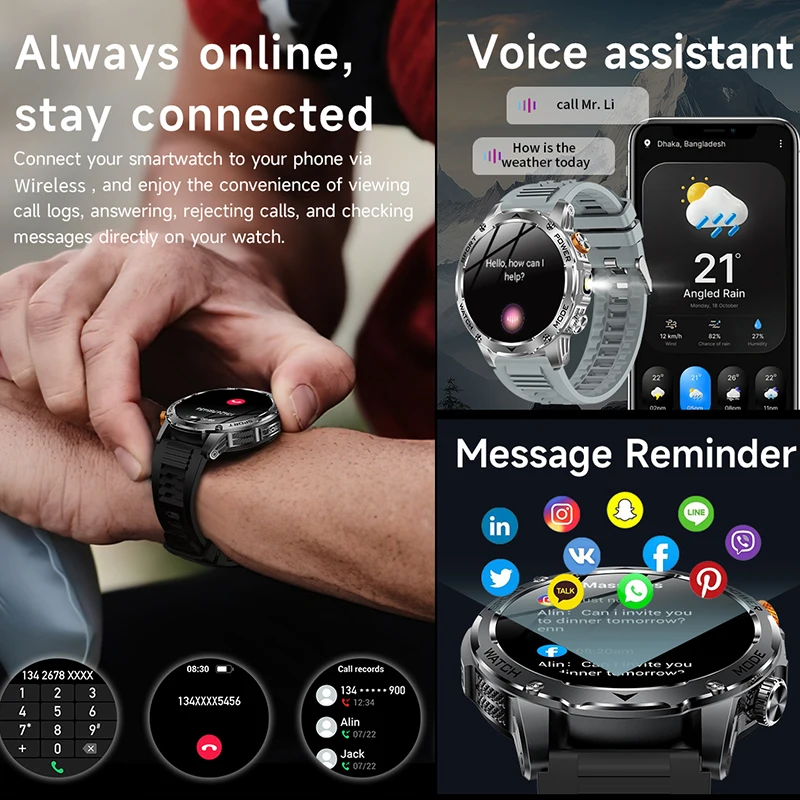 LIGE New Smart Watches Men Outdoor 1000mAh Large Battery 1.7inch HD AMOLED Screen Men Smart Watch Weather Fitness Sports Watches