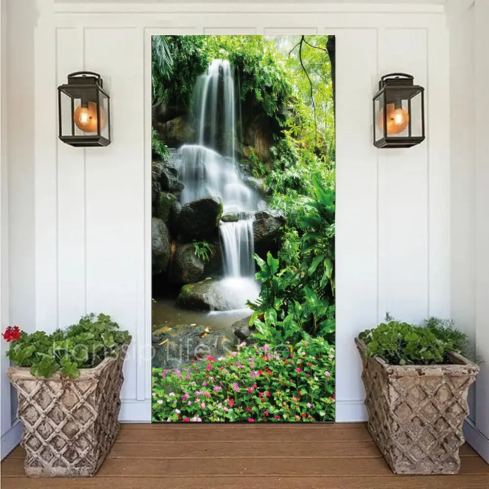 Bos waterval deur sticker fantasie bos kreek deur sticker bergen en rivieren muurschildering poster behang woondecoratie (kleur: 14, maat: 95 x 215 cm