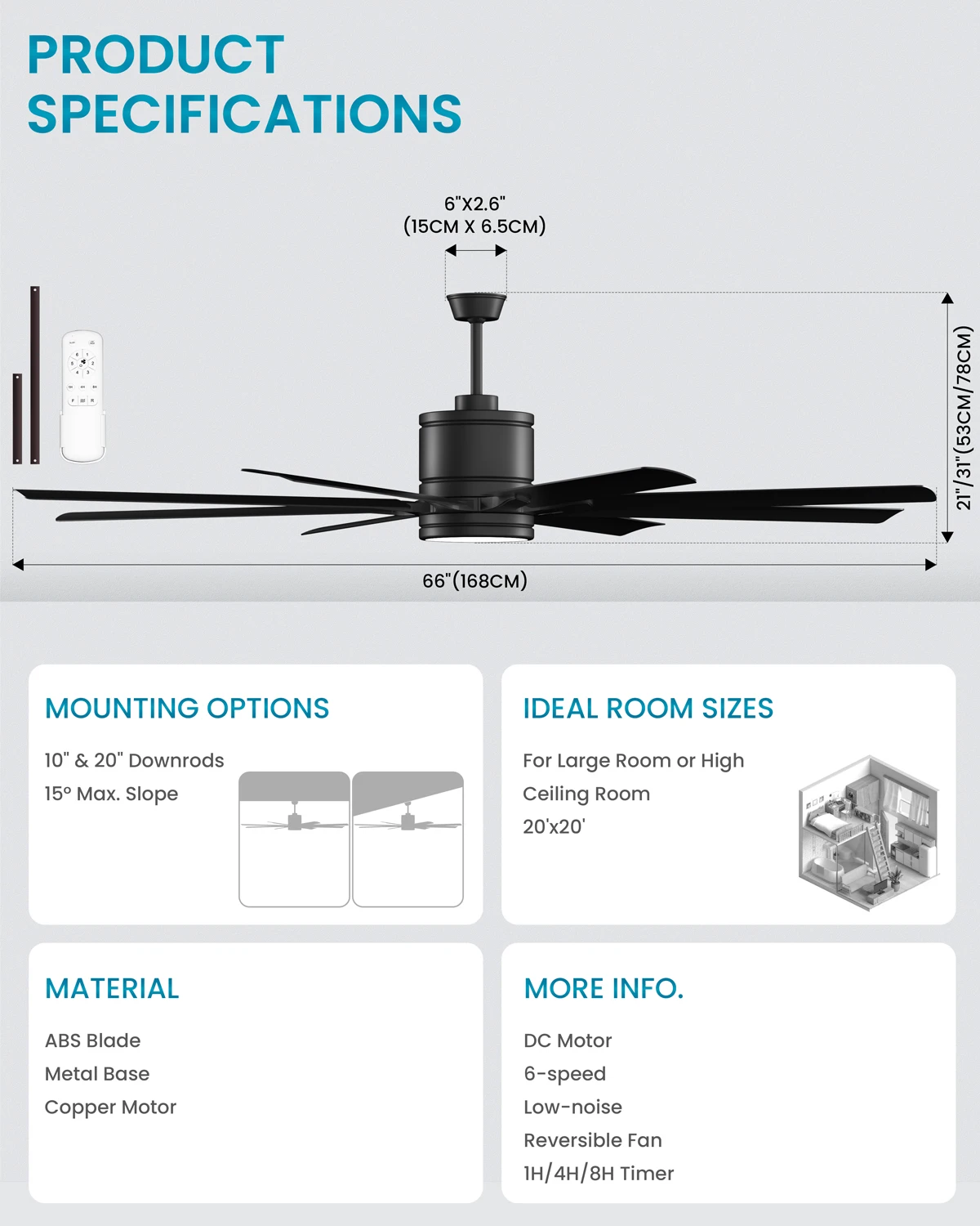 Kristoff 66" Large Ceiling Fan with Light & Remote Control, ETL Listed, 8 Blade Low Profile Ceiling Fan Light Fixture