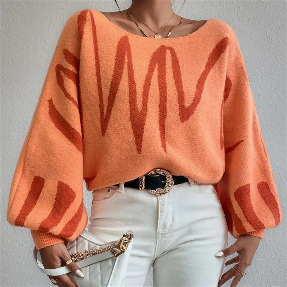 

Irregular Jacquard Design Sweater Knitted Pullovers Lantern Sleeve Top Slash Neck Trend Women Knitwear Jerseys Jumper Pull Femme