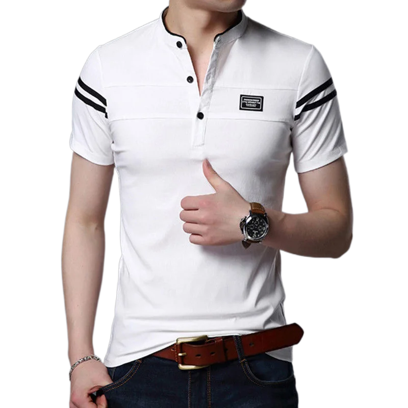 SHIONFA 여름 남성용 반팔 티셔츠, 슬림 스탠드 칼라 폴로 셔츠, 얇은 풀오버, 캐주얼 패스터 데코 의류, 한국 스타일
