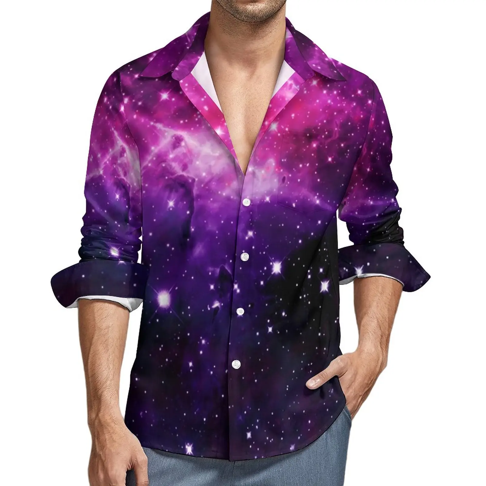

Purple Galaxy Casual Shirts Male Stars Print Shirt Long Sleeve Trending Funny Blouses Autumn Custom Clothes 3XL 4XL