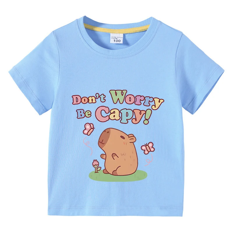 Capybara Kids Funny Cotton T-shirt 3-10Years Children Short Sleeved Summer Tees 2025 New Capibara Girls Casual Tops Boy Clothes 5