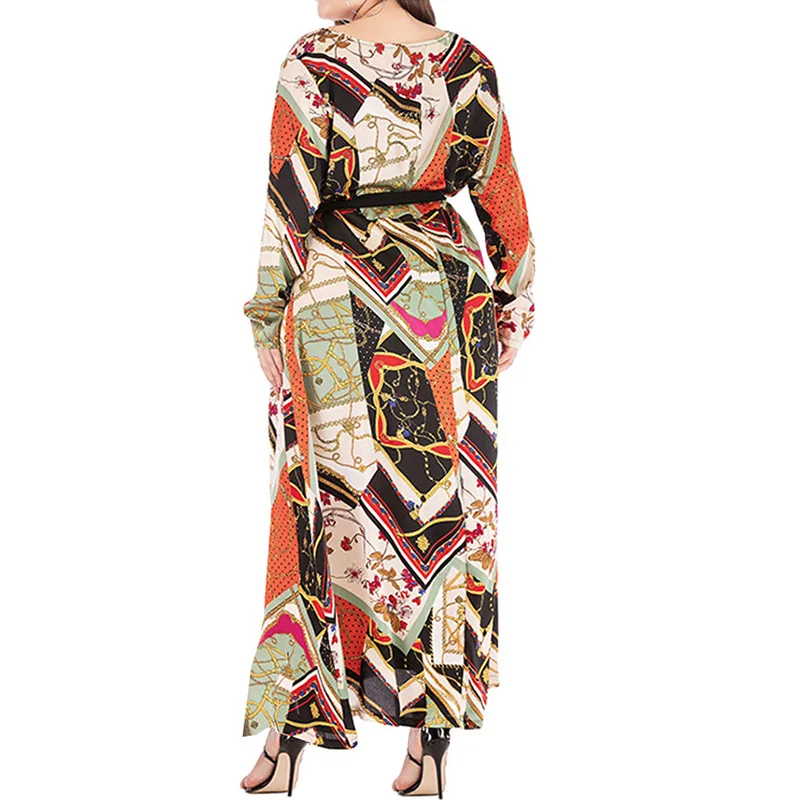 Streetwear Geometric Print Wrist Sleeves Robe Femme Sexy V-Neck Lacing Loose Maxi Dress Spring Autumn Plus Size Women's Clothing