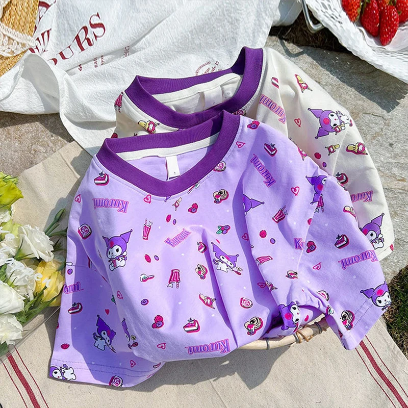 

Girls Kuromi T Shirt 2024 Sanrioed Kawaii Anime Print Tops Summer Sweet Cute Cartoon Children Short Sleeve T-Shirt Gift for Kids