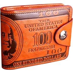 Men's Faux Leather Wallet with Unique US Dollar Bill Design - Stylish Orange Snap Closure, Credit Card & Photo Holder (Orange)