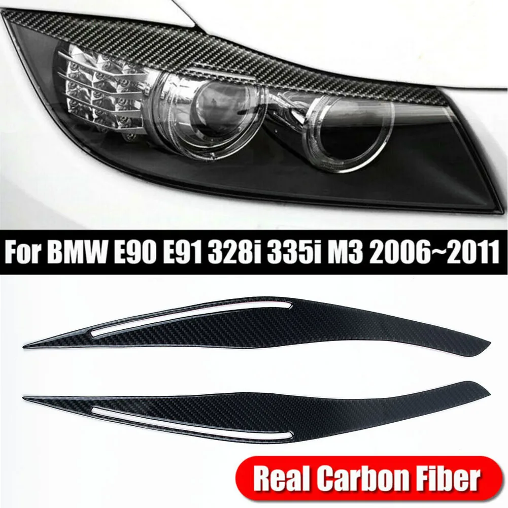 2pcs Carbon Fiber Headlight Eyelid Eyebrow Covers For BMW E90 E91