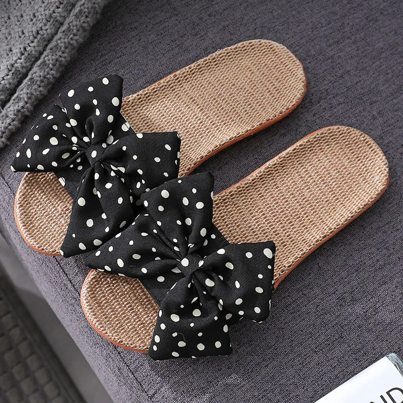 Summer Bowknot Linen Slippers Women Japanese Cute Wave Point Home Indoor Shoes Non-Slip Women's Linen Slippers 