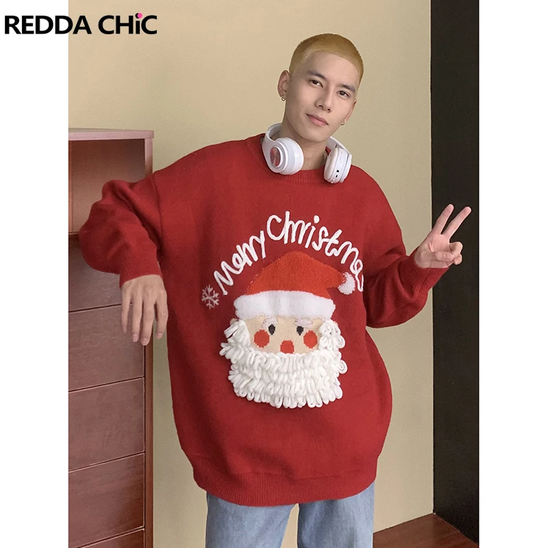 

REDDACHIC Men Ugly Xmas Red Knit Sweater Santa Merry Christmas Letter Crocheted Drop Shoulder Long Sleeves Pullover Jumper Top