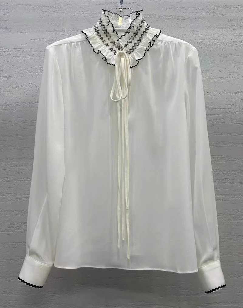 

Bow Tie Elegant Blouses 2024 Spring Summer Pure Silk Blouse Women Bow Collar Ruffle Deco Long Sleeve National Silk Tops White